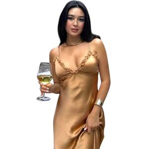 Zara Tan Satin Effects slip dress with spaghetti straps and ruffles M